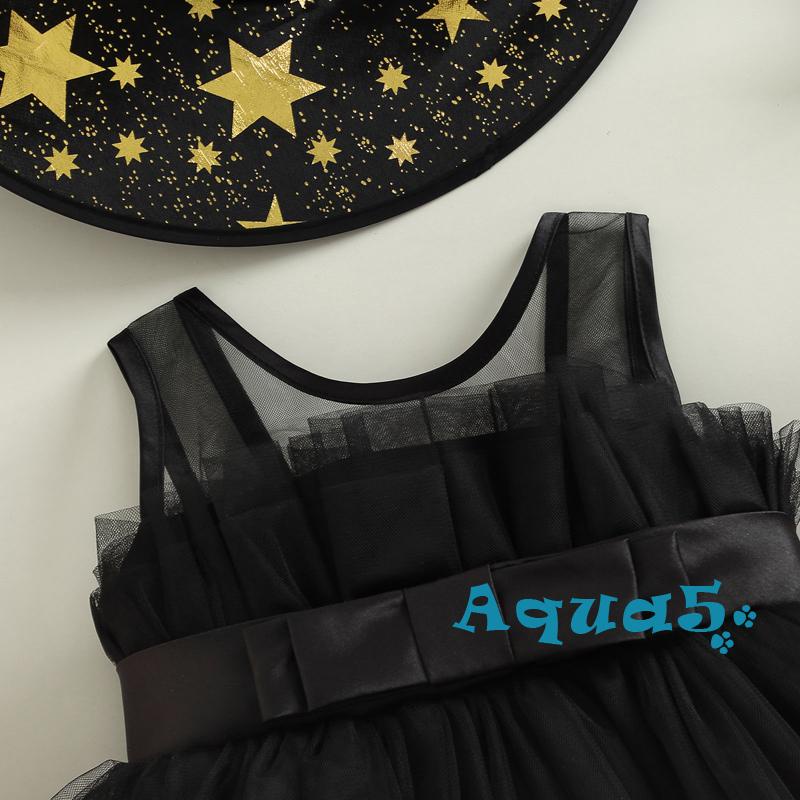Aqq-đầm Xếp Tầng Không Tay Màu Trơn Kèm Mũ Phù Thủy Hóa Trang Halloween Cho Bé Gái