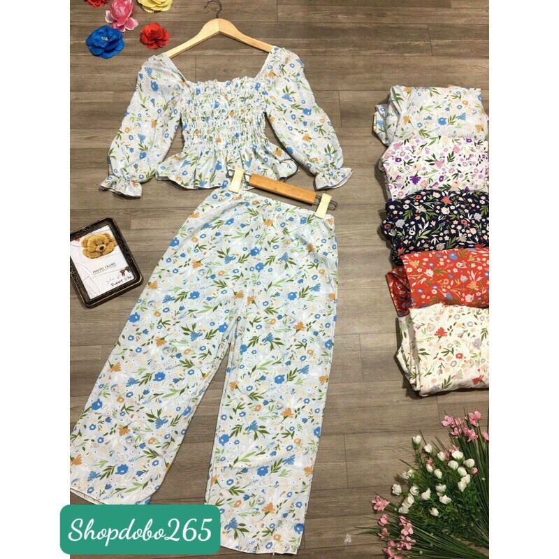 Set đồ nữ,đồ bộ ngủ mặc nhà vải lụa quần ống rộng hoạ tiết hoa nhí siêu cute size 40-55kg.