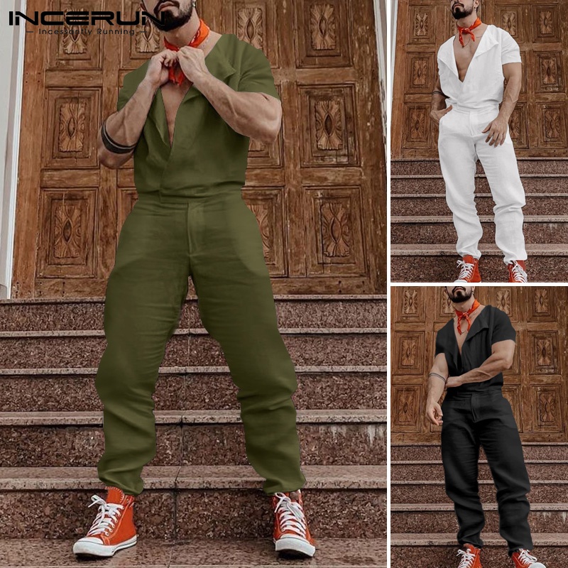 Áo liền quần Incerun tay ngắn cổ bẻ có khóa kéo phong cách thường ngày cho nam