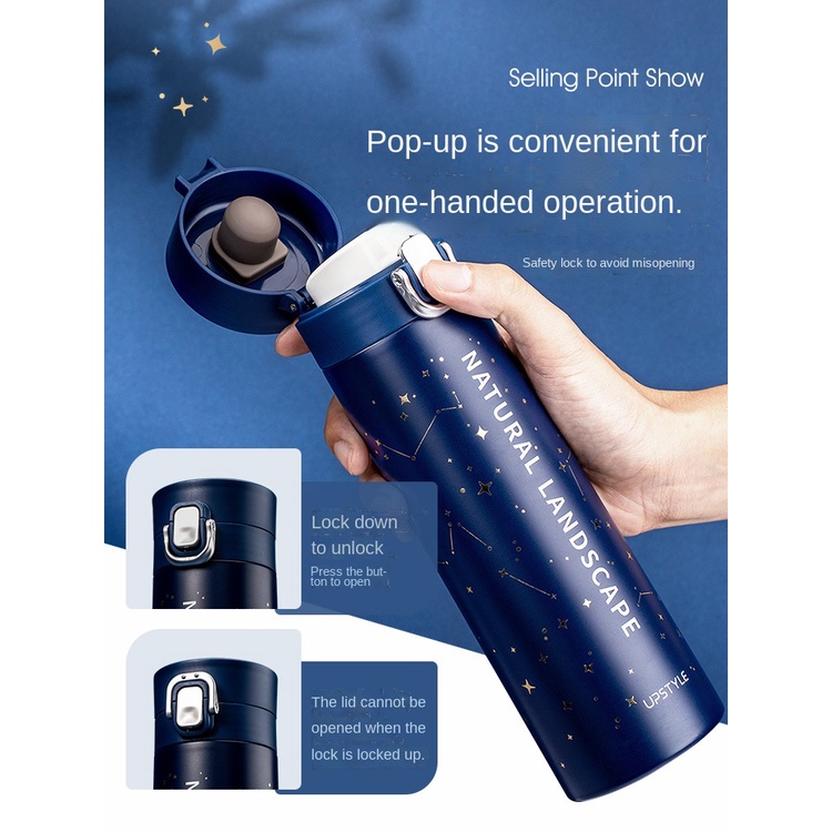 Bình Nước Giữ Nhiệt Bằng Thép Không Gỉ 304 Dung Tích Lớn In Họa Tiết Dễ Thương Phong Cách Hàn Quốc
