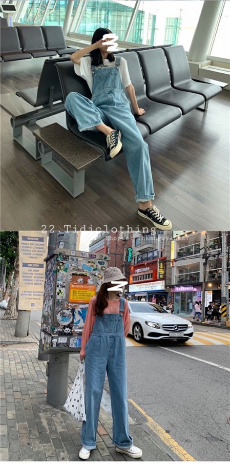 Quần yếm jeans ulzzang ống rộng có bigsize móc gài hai dây