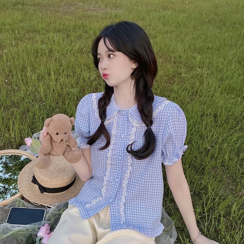 Áo sơ mi SUXI tay ngắn dáng ôm cổ búp bê kẻ sọc ca rô dễ thương thời trang mùa hè cho nữ