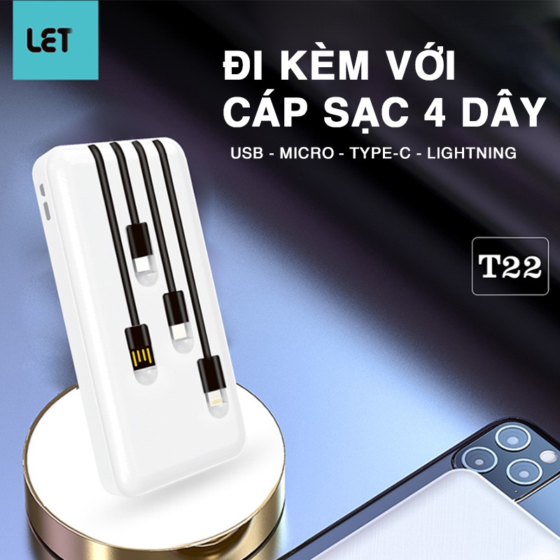 SẠC DỰ PHÒNG 10000mAh-T22 CÁT THÁI tích hợp sẵn 4 cáp sạc Type-c, Lightning,Micro, USB- hỗ trợ sac nhanh