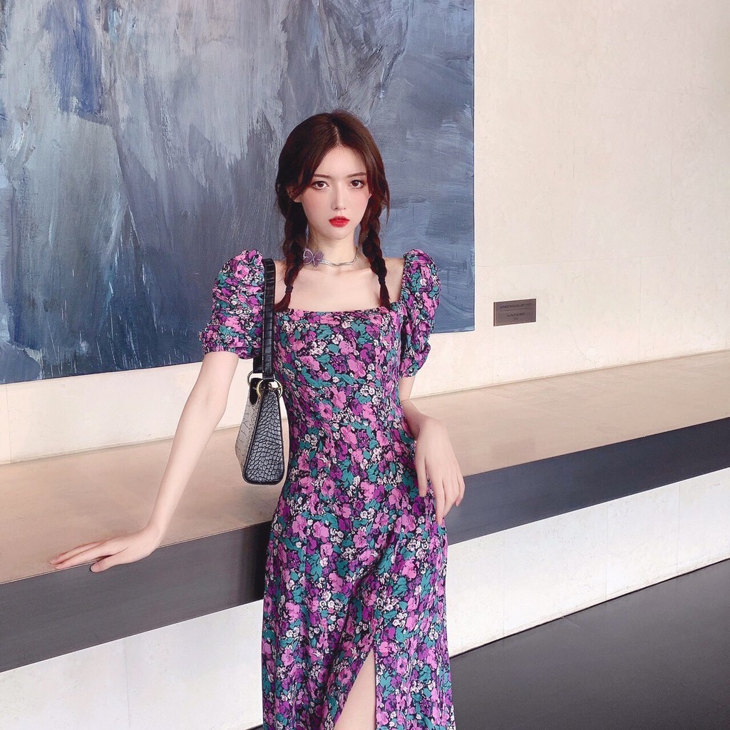 [Mã WARN60 hoàn 15% xu đơn 300k] Váy Xoè Đầm Dáng Xòe Hoa Tím Xẻ Tà | Đầm Sang Chảnh | BigBuy360 - bigbuy360.vn