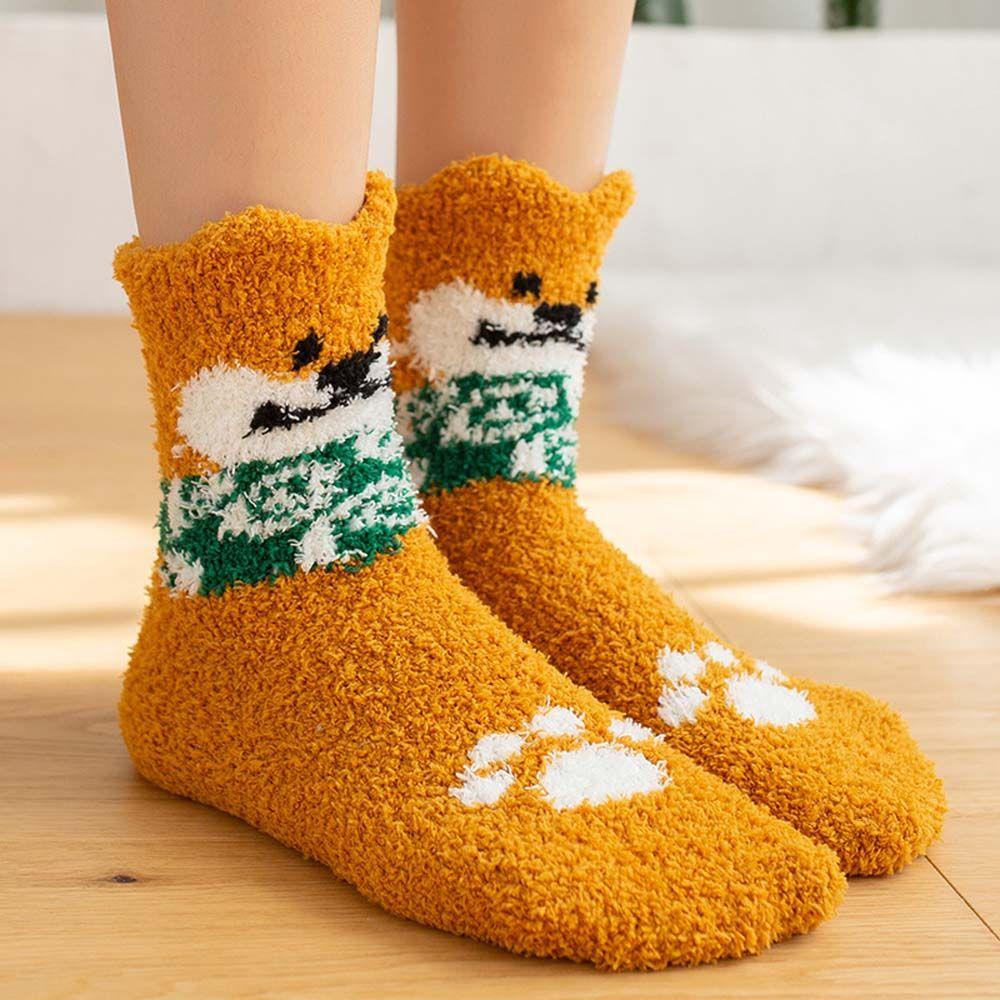 AROMA Vớ Lông Cừu San Hô Dày Dặn Ấm Áp Mềm Mại Họa Tiết Chú Chó Shiba Inu Dễ Thương