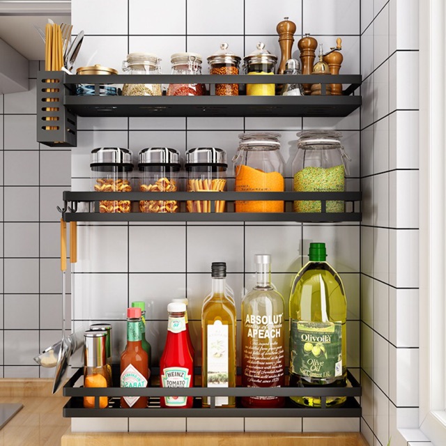 Kệ để gia vị Inox Đen Dán Tường gạch men tiện lợi gọn gàng bàn bếp Không cần khoan tường | BigBuy360 - bigbuy360.vn