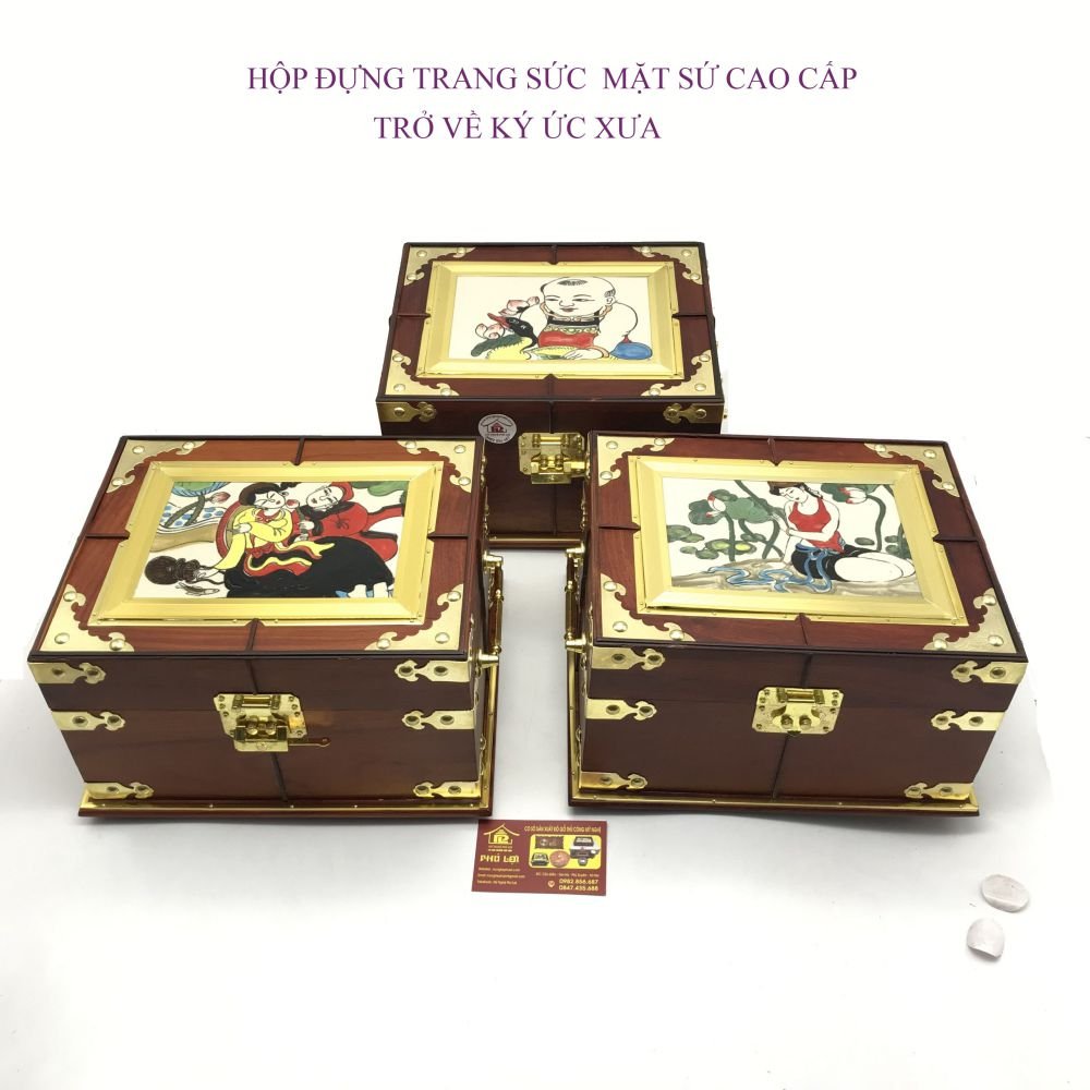 Hộp đựng trang sức cao cấp gỗ hương đẹp, mặt sứ tranh đông hồ,ký ức xưa