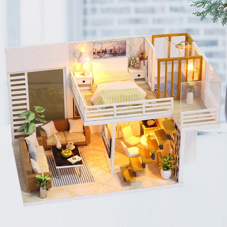 Mô hình nhà DIY Doll House Simple and Elegan Kèm Mica chống bụi, Bộ dụng cụ và Keo dán