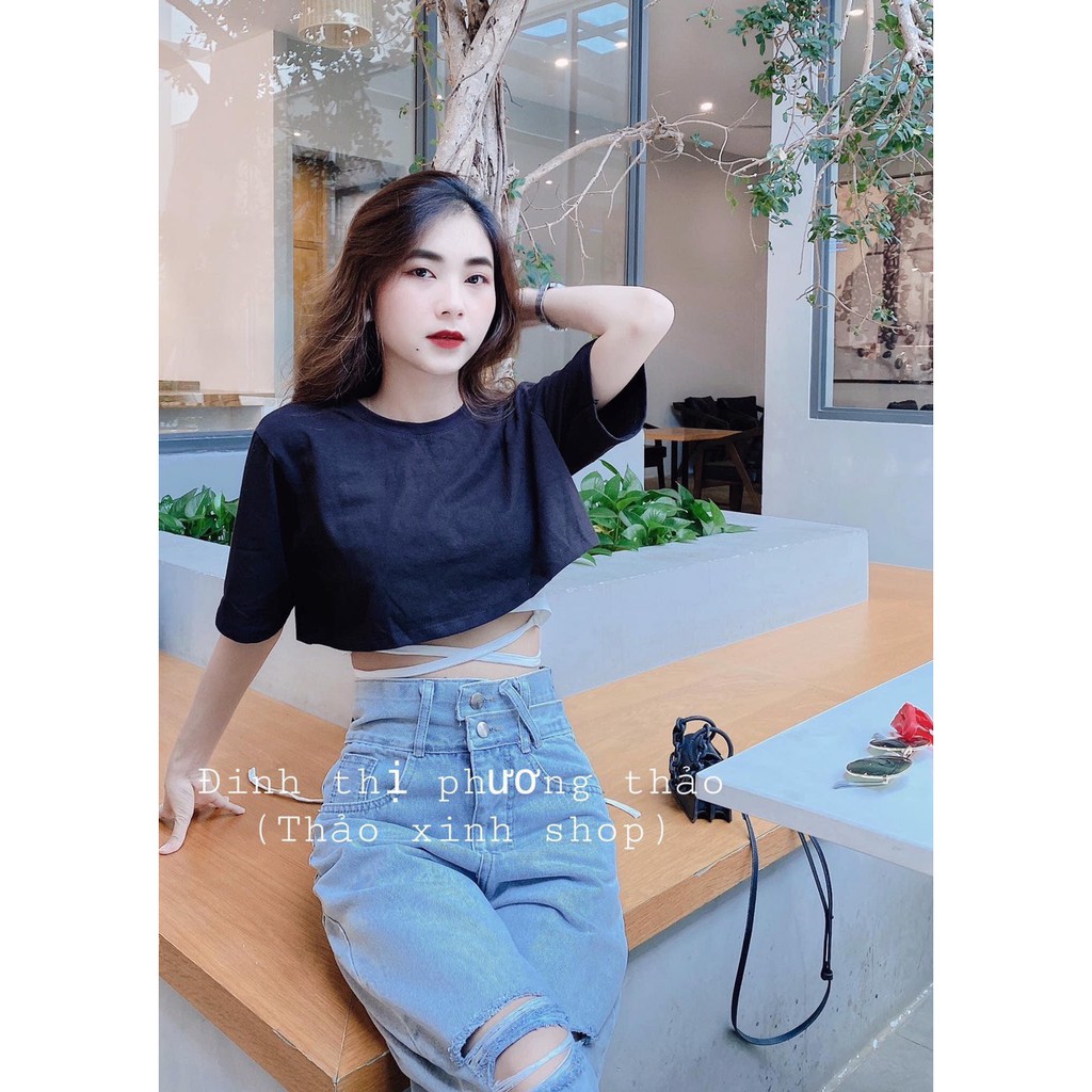 Quần baggy jean nữ lưng cao 2 nút ,đai chéo, thời trang mới tại thuydieushop96 jn1