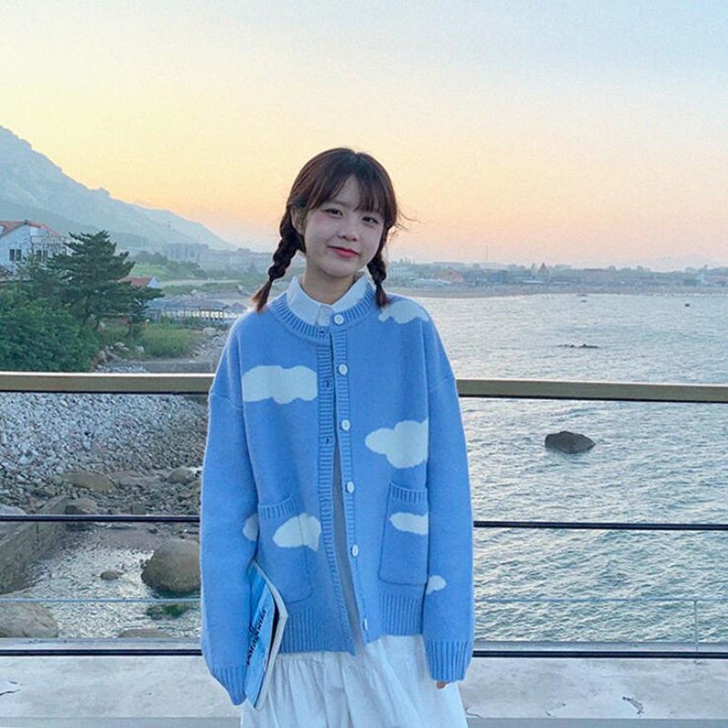 Áo Khoác Lông Frity Korean Blue Sky White Cloud Knitted Cardigan Female Loose Round Neck Student Sweater Coat