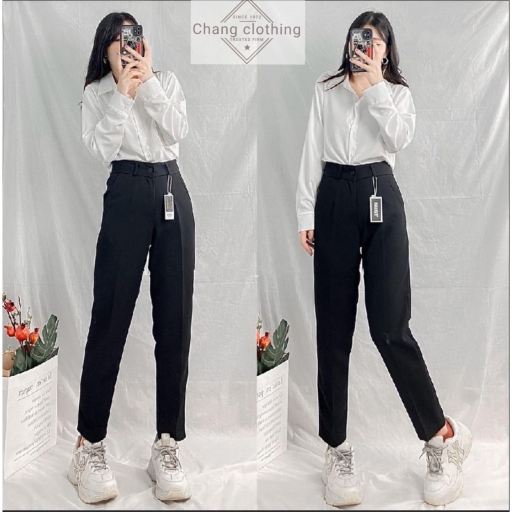 Quần tây nữ công sở lưng cao ống đứng dáng dài có đai co dãn nhẹ chất vải mềm đen Quần vải baggy nữ cạp cao đi học sinh