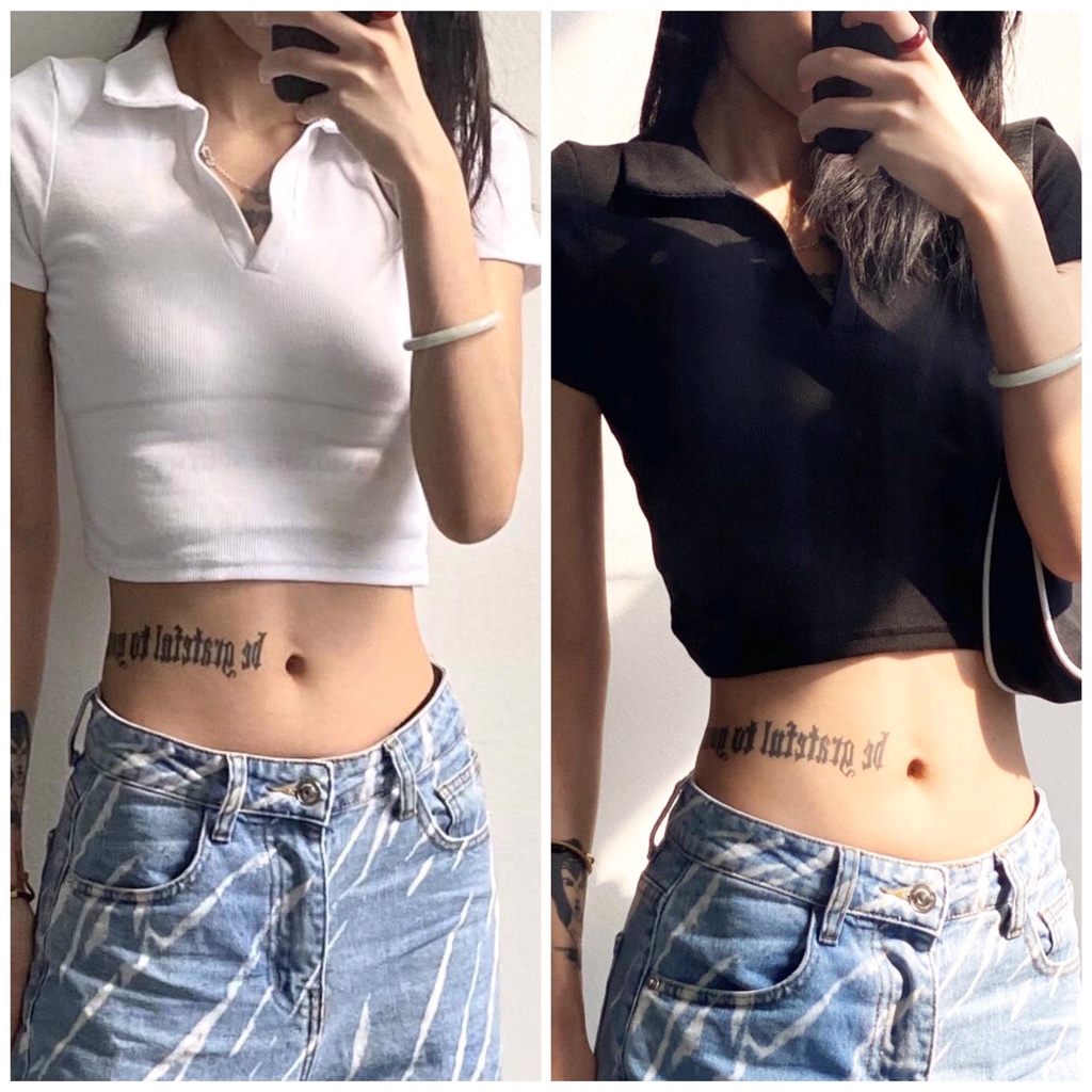 [Ảnh thật/Sẵn] Áo croptop polo cổ sơ mi tay ngắn basic