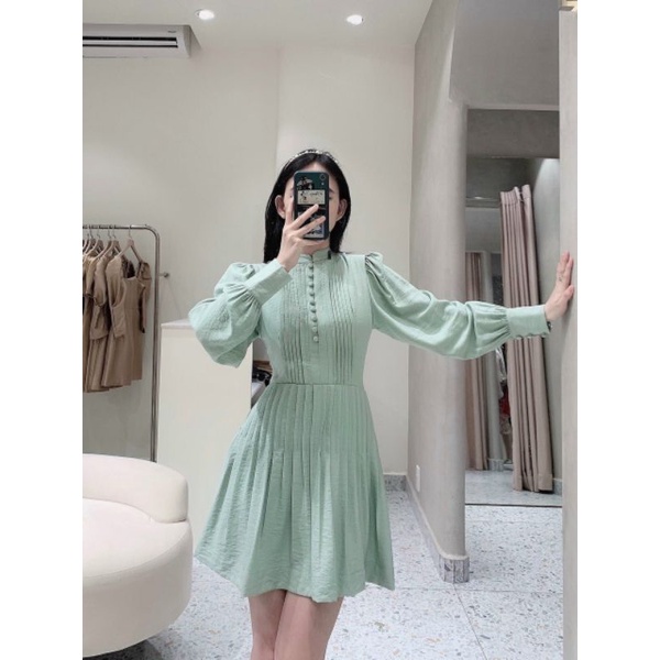 Đầm nữ babydoll tay phồng xếp ly nút bọc màu xanh mint Lin Dress