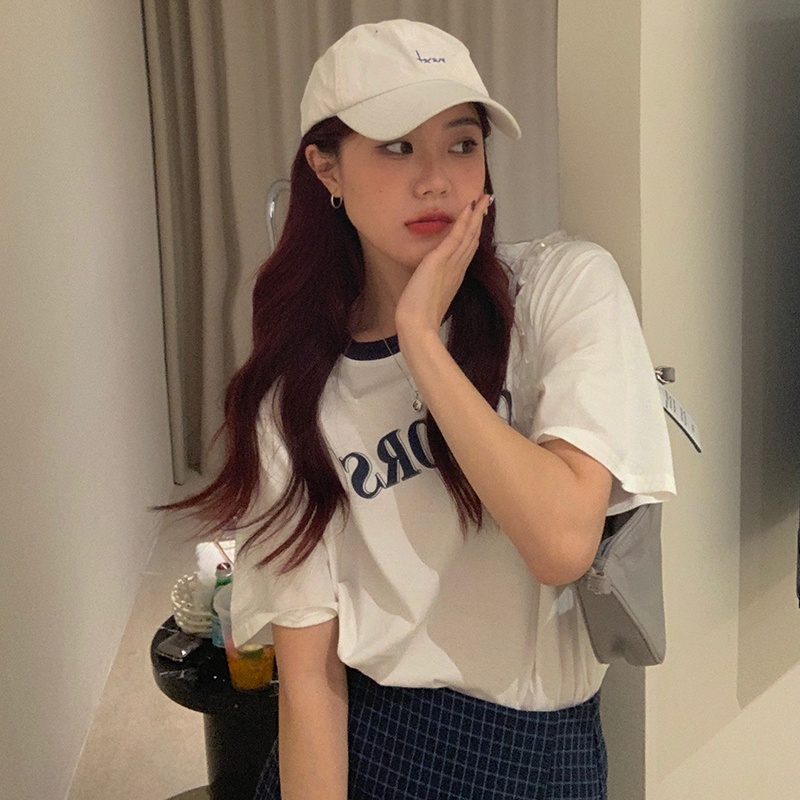 Áo thun SUXI tay ngắn cổ tròn dáng rộng chất liệu cotton in chữ màu sắc đơn giản thời trang mùa hè