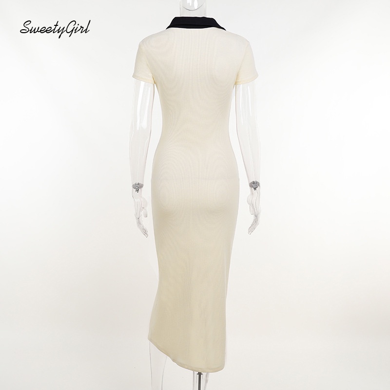 Đầm Ôm Dáng Ngắn Tay Cổ Bẻ Phối Màu Tương Phản Thời Trang Quyến Rũ Dành Cho Nữ 2022