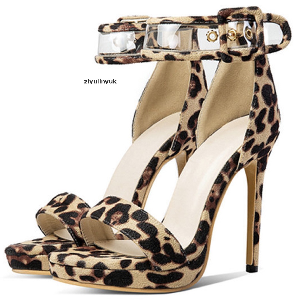 【yuk】 Womens Leopard Print Stilettos Open Toe Platform Heels with Buckle .