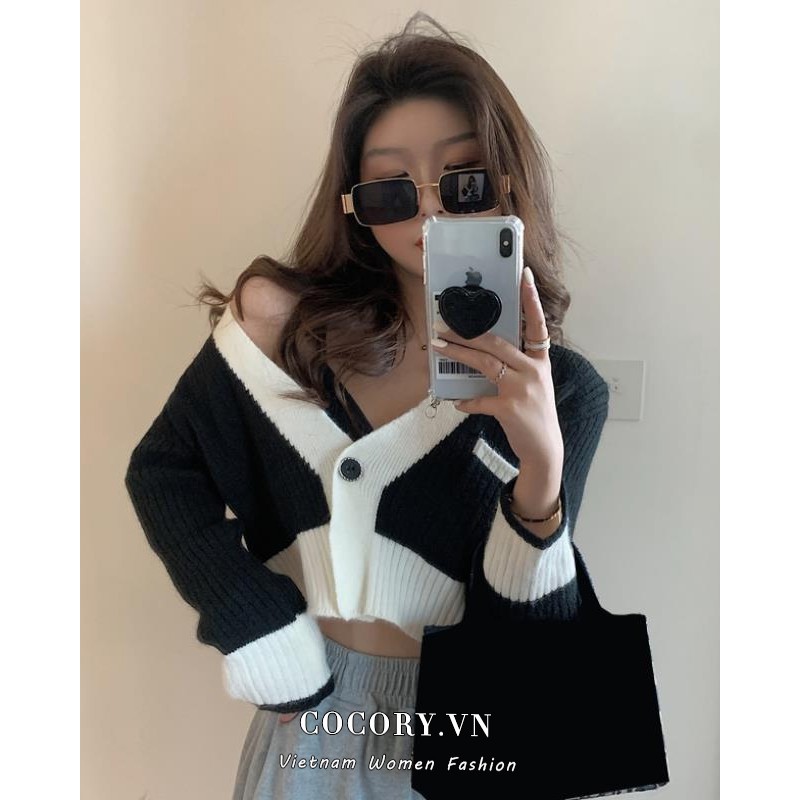 Cocory vn Áo Croptop Dệt Kim Tay Dài Cổ Chữ V Phong Cách Vintage Thời Trang Cho Nữ