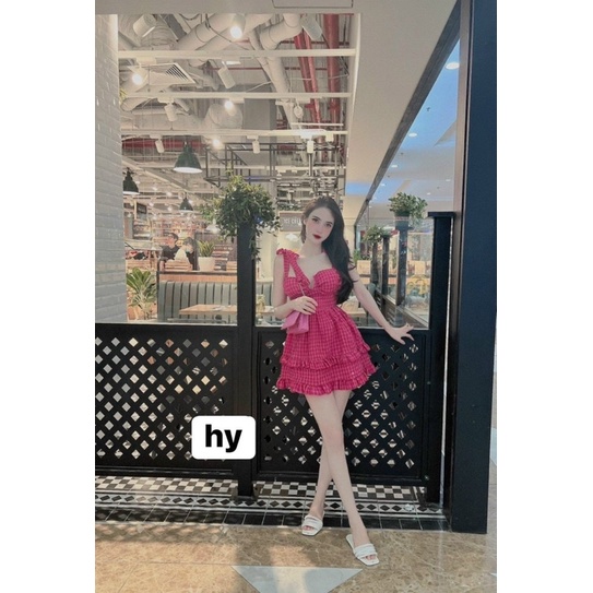 Đầm Dây Kẻ Caro hai dây buộc nơ tầng xinh nhiều màu