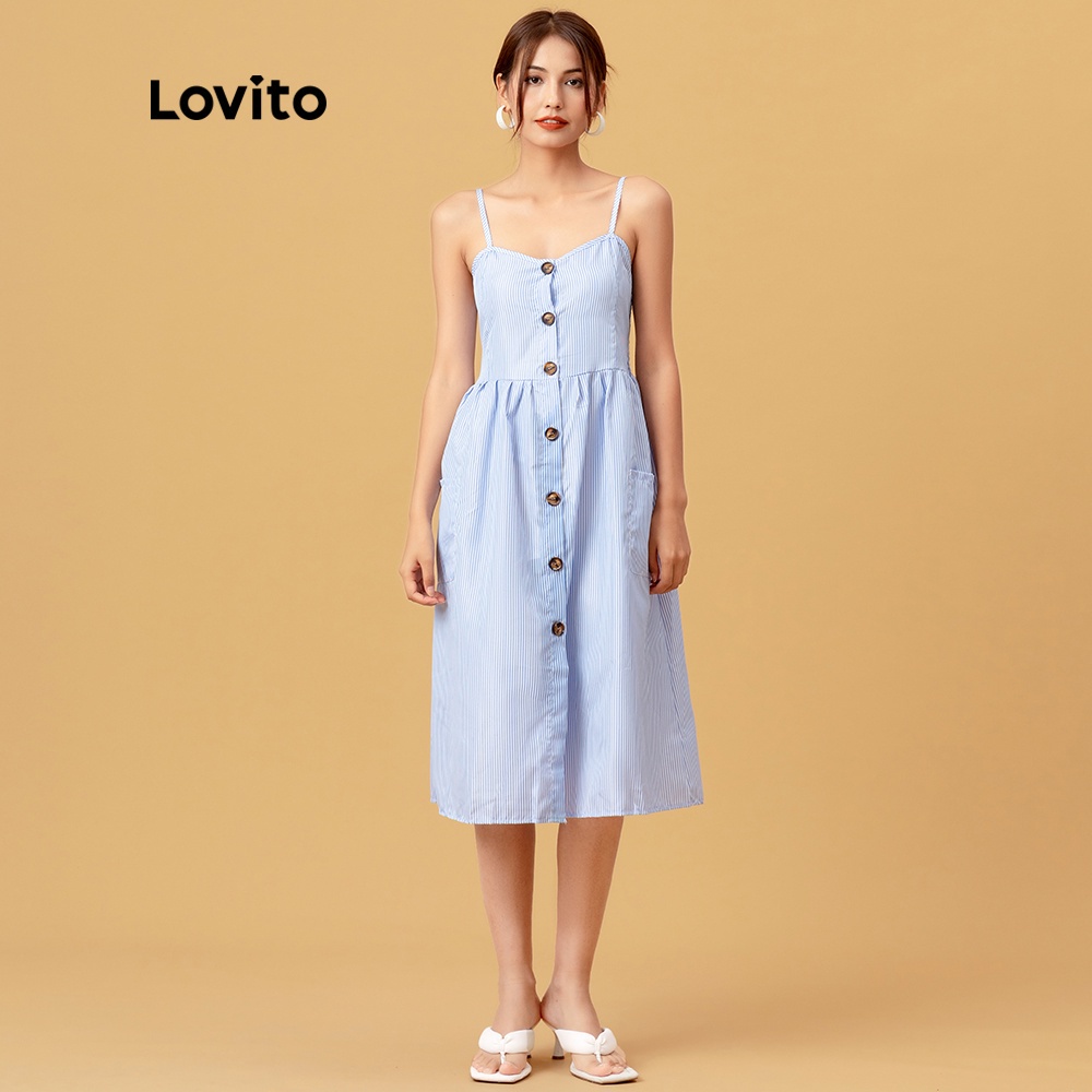 Đầm Lovito họa tiết sọc phối nút gài đơn giản L05162 (Đỏ/Xanh dương) | BigBuy360 - bigbuy360.vn
