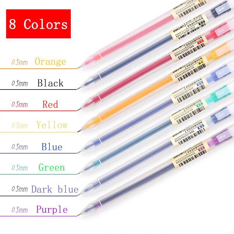 Bút mực gel Deli A119 nhiều màu có nắp đậy, đầu bút 0.5mm dùng để trang trí sổ, viết Bullet journal.
