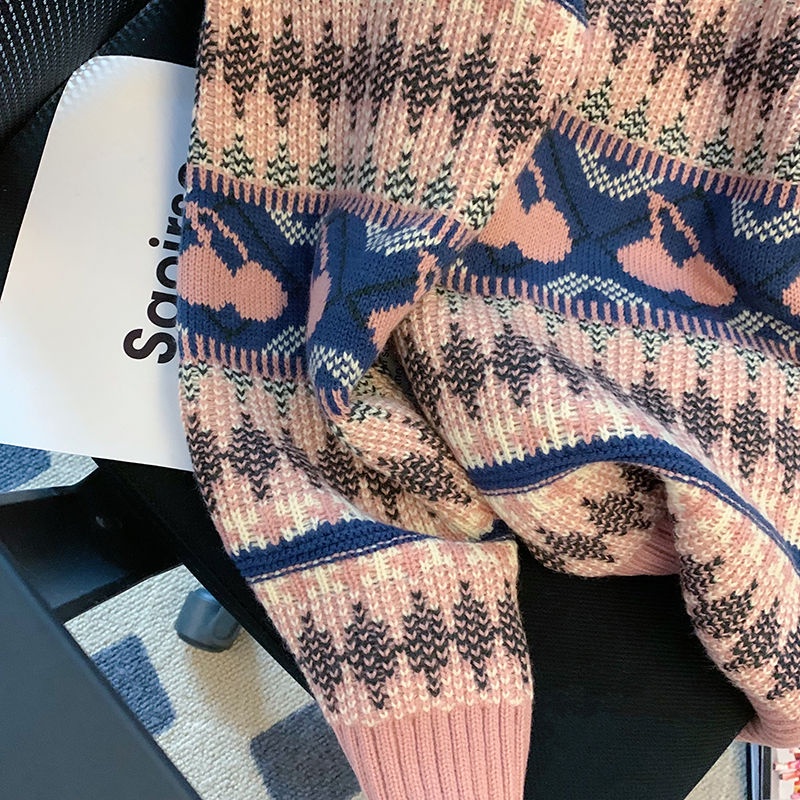 Áo Khoác Sweater Dáng Rộng Họa Tiết Cherry Xinh Xắn Theo Phong Cách Thu Đông Nhật Hàn Dành Cho Nữ