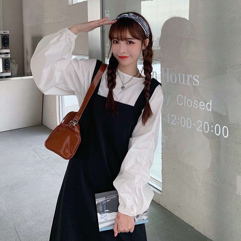 SV006 Bộ yếm kaki đen và áo sơ mi trắng tay bồng tiểu thư nữ tính, bộ váy hai dây dài suông và áo chất đũi cute babydoll