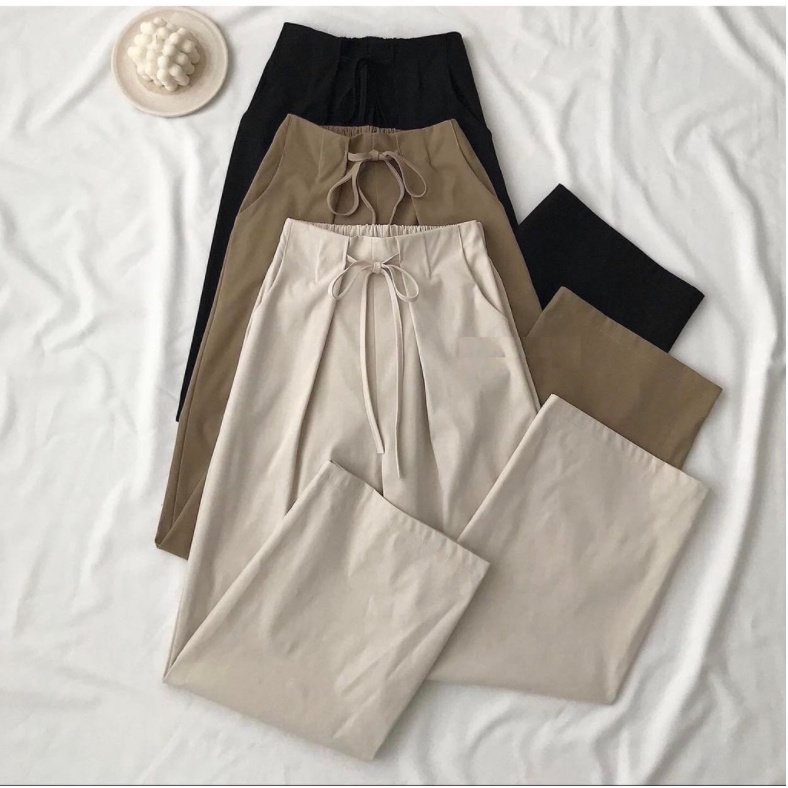 Quần Kaki Cạp May Viền Phối Nơ Culottes Suông Ống Rộng Lưng Cao Màu Vintage Phong Cách Ulzzang Your Love Shop