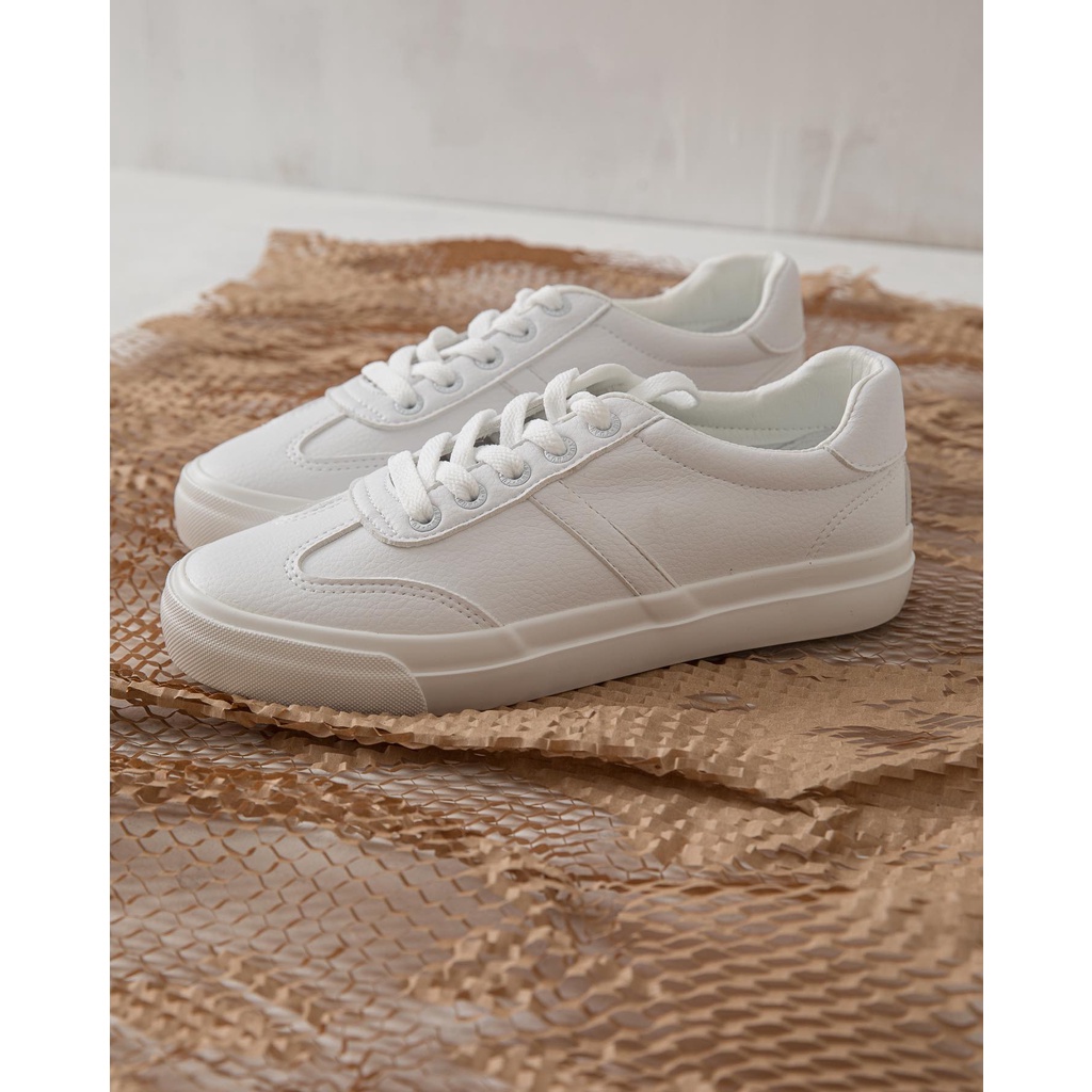 Giày Sneaker thể thao nữ da trắng trơn, viền chỉ nổi - Better shoes- 220522001
