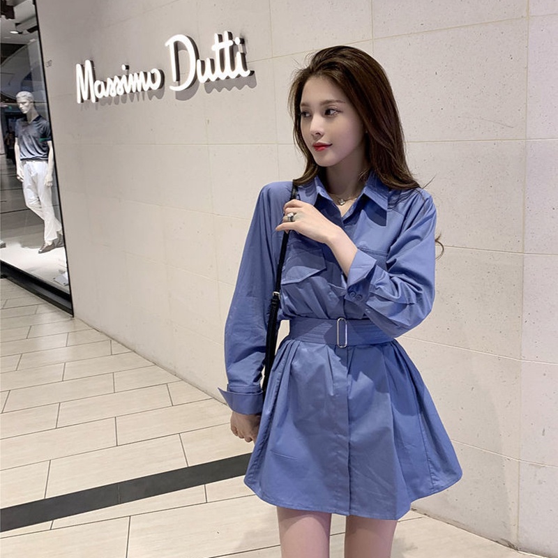 Đầm IELGY cổ polo thắt eo phong cách Hàn Quốc cho nữ