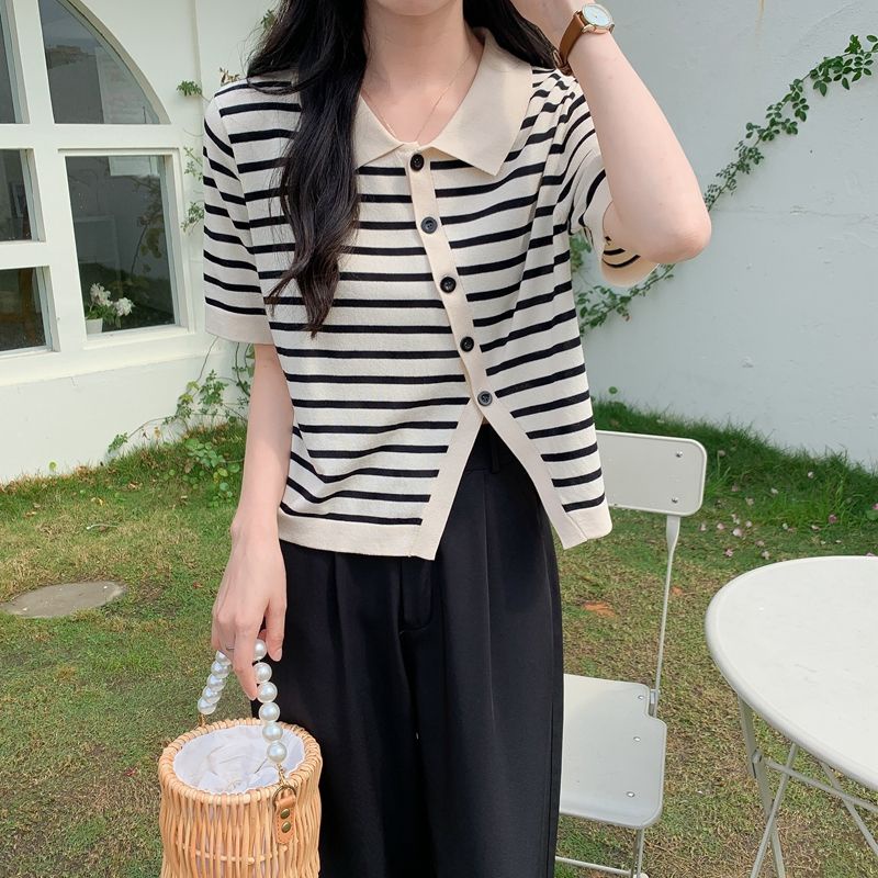 Áo Thun Polo Tay Ngắn Họa Tiết Kẻ Sọc Đen Thời Trang Mùa Hè 2022 Dành Cho Bạn Nữ