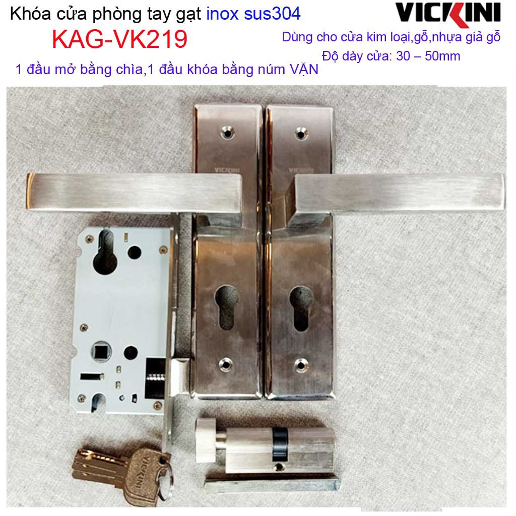 Khóa tay gạt Vickini, khóa tay gạt 1 đầu vặn 1 đầu chìa, khóa phòng tay gạt trọn bộ KAG-VK219