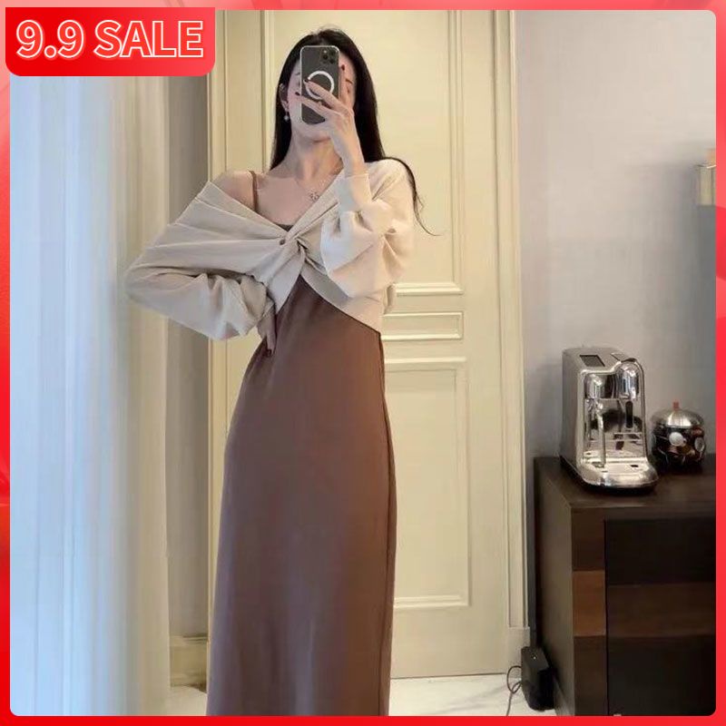 Bộ Áo Sweater + Đầm Yếm Phong Cách Retro Pháp Thời Trang Mùa Thu Mới Cho Nữ 2021