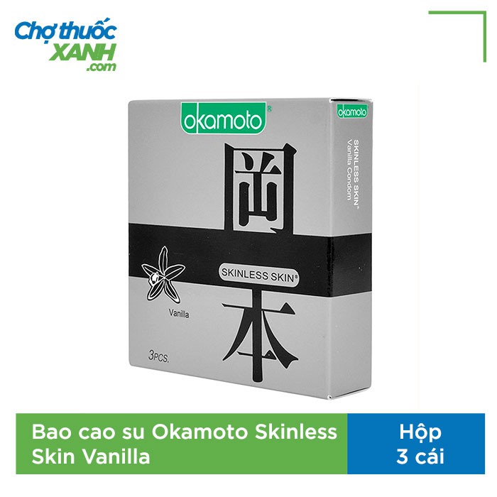 Bao cao su hương Vanilla siêu mỏng có bôi trơn Okamoto Skinless Skin Vanilla, Hộp 3 cái