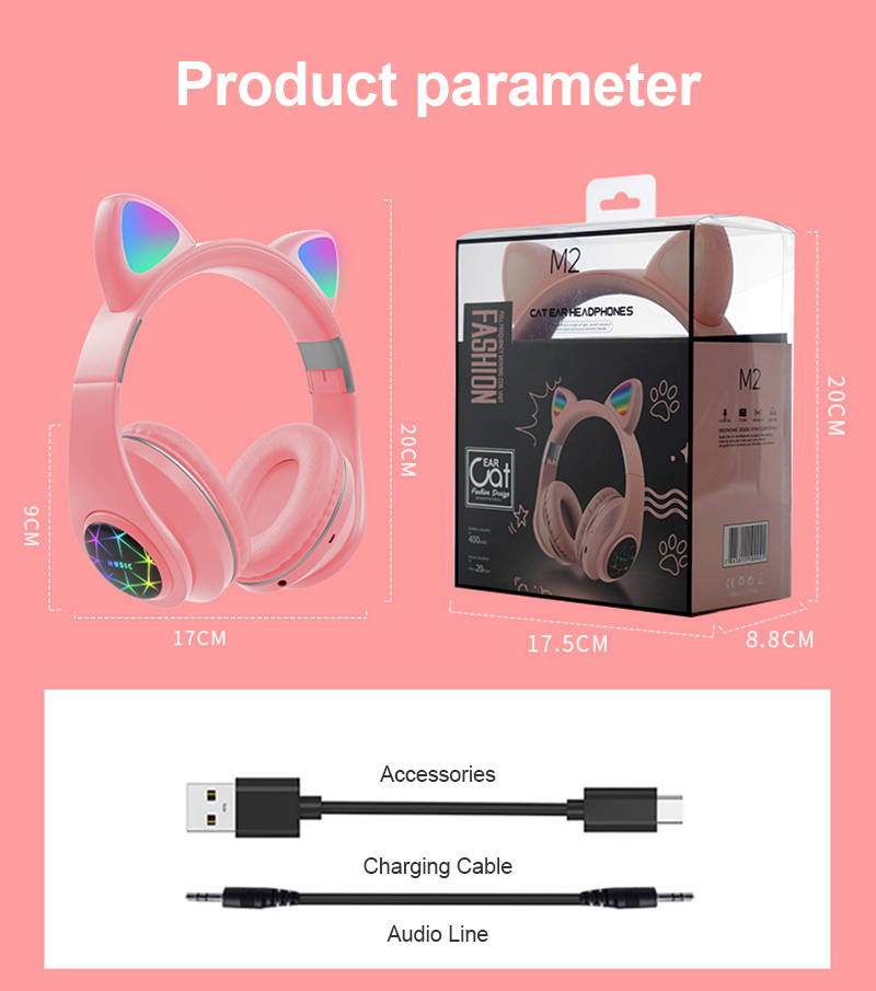 Tai Nghe Bluetooth Không Dây Hình Tai Mèo Dạ Quang M2 Có Micro Hỗ Trợ Thẻ Nhớ Tf Aux Play Hc