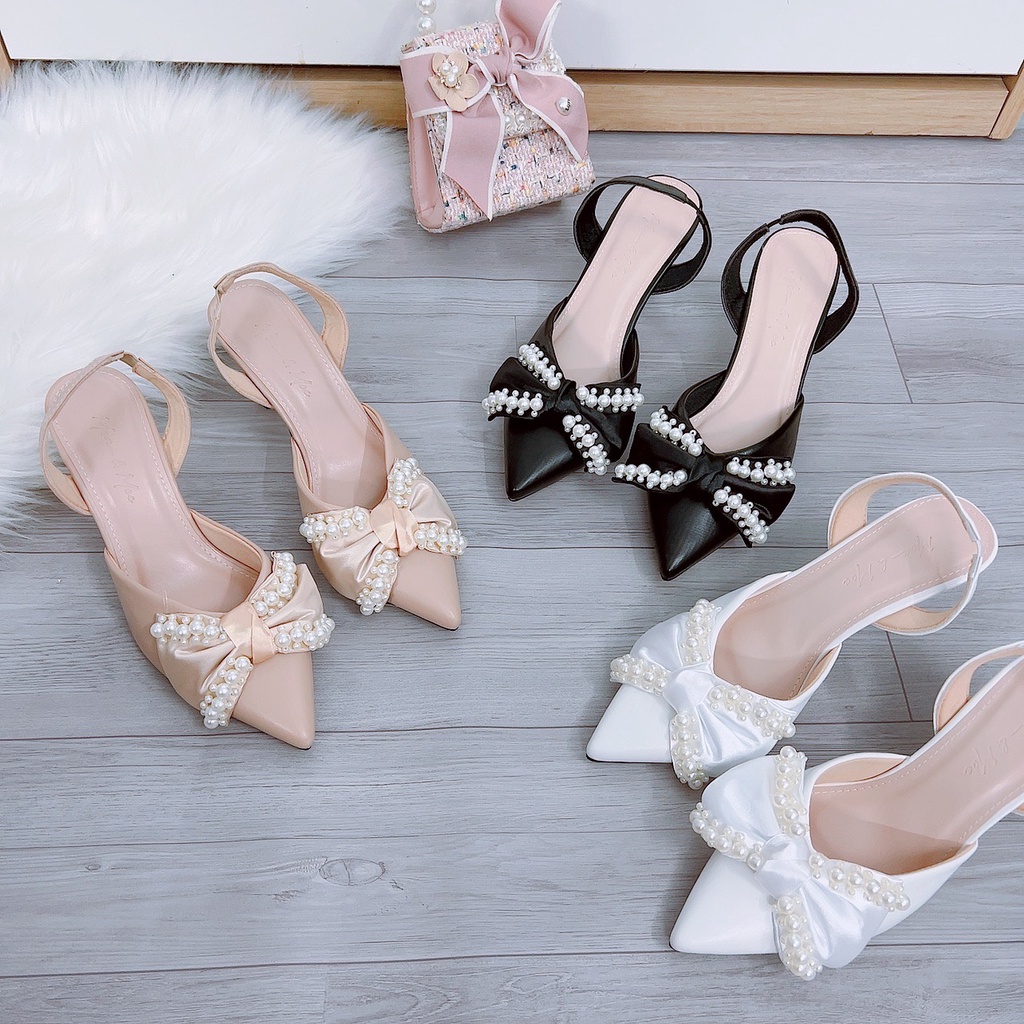 Giày cao gót sandal mũi nhọn da lì nơ viền ngọc mới gót nhọn 7cm