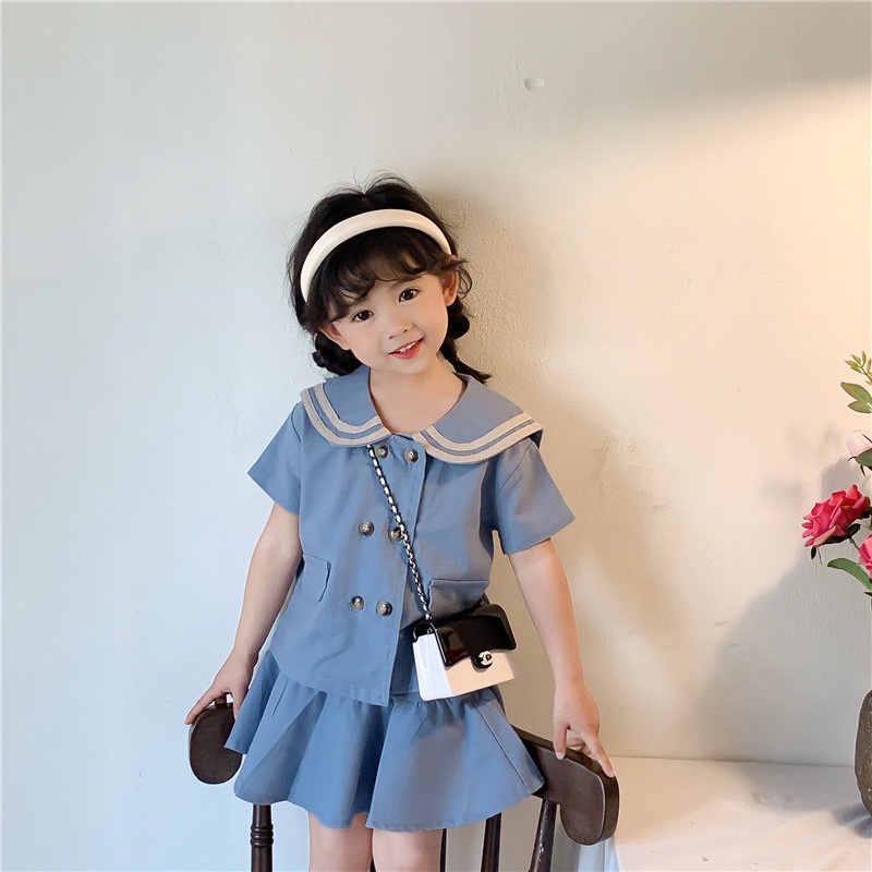 SG100 - Set áo váy thuỷ thủ thô đũi dày dặn bé gái sz 90-130, bộ quần áo cho bé gái hè 2022