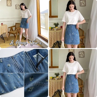 Có sẵn chân váy jean dáng chữ A ngắn thêu hoa nhí trắng daisy xinh xắn kiểu Hàn Quốc