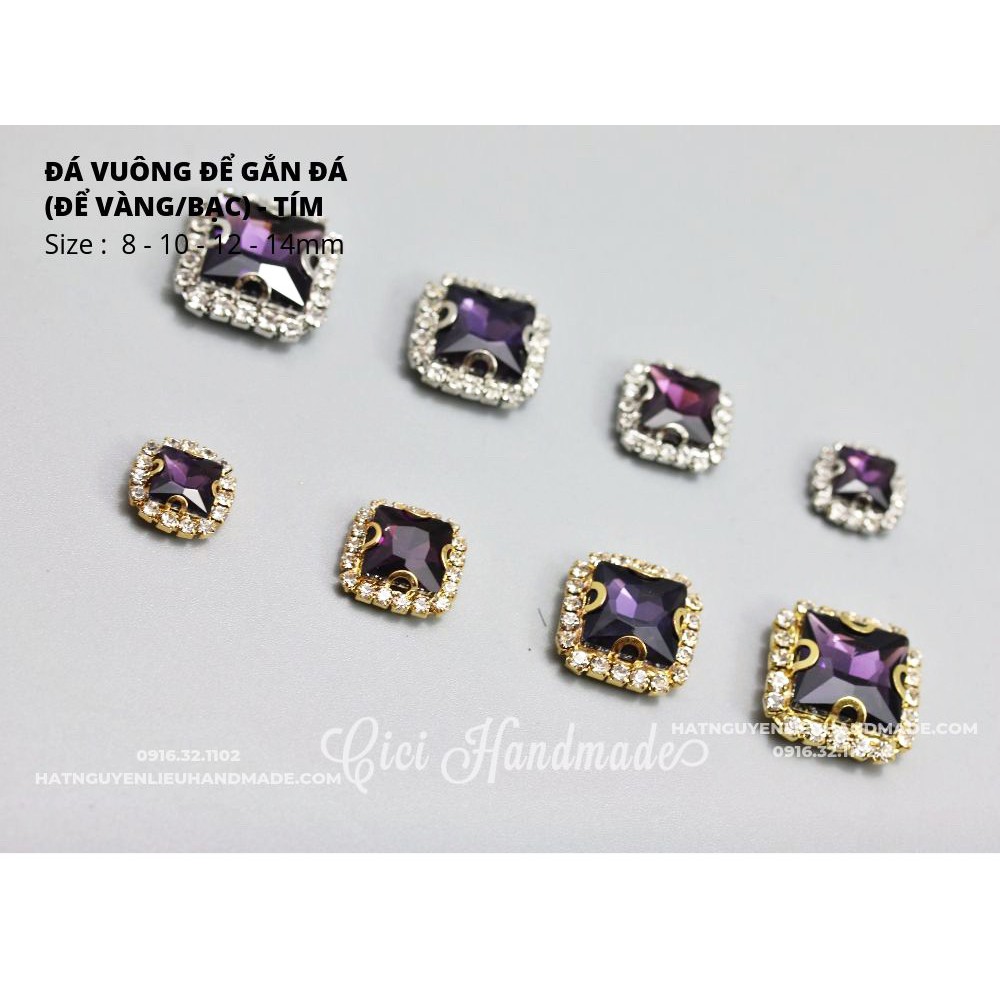 Hạt đá vuông đế vàng/đế bạc viền đá trắng size 8mm Cici Handmade hạt cườm hạt đá trang trí nguyên liệu tự làm