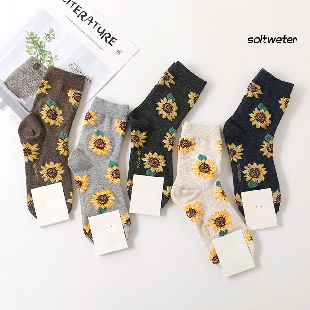 Vớ Cotton Cổ Cao Co Giãn Thoáng Khí Họa Tiết Hoa Hướng Dương Cho Nữ