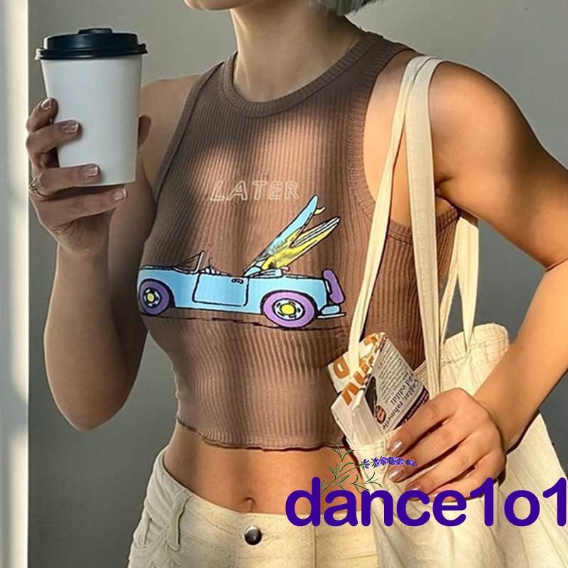 ❀PZ♔Women Cartoon Car Letter Printed Slim Fit Sleeveless Ribbed Vest