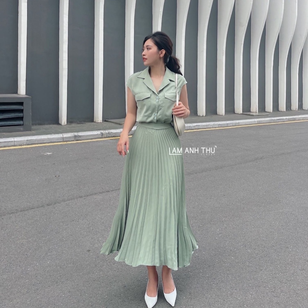 Set váy sơ mi chân dập ly cao cấp ✨✨Váy thiết kế chất trượt Hàn thanh lịch, sang trọng đi làm, dạo phố