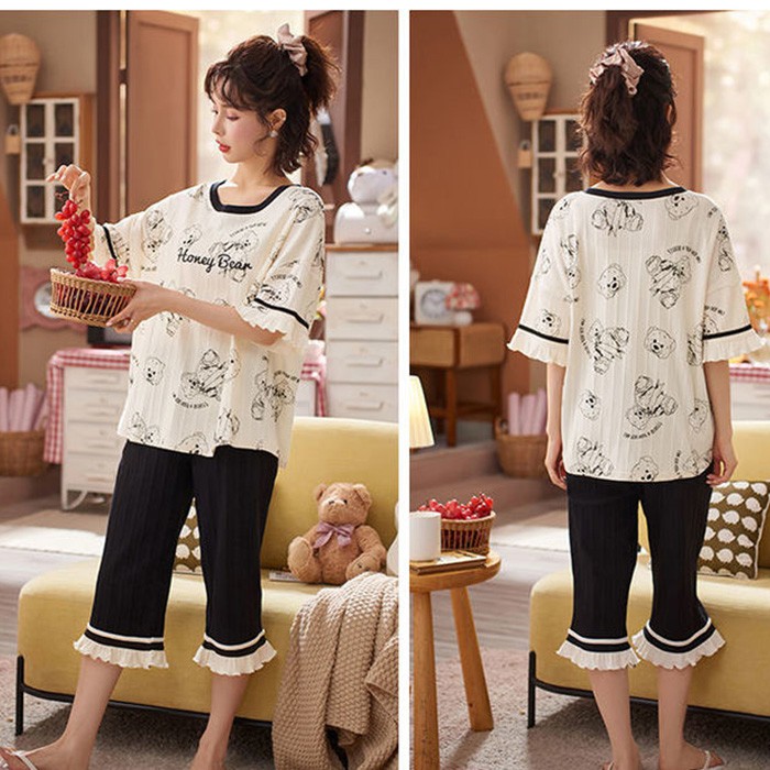 Set Đồ Bộ Mặc Ở Nhà Ngắn Tay Phong Cách Hàn Quốc Cho Nữ Size M-4Xl