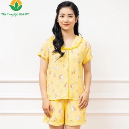 Bộ đồ pijama quần đùi áo cộc nữ Việt Thắng chất lanh họa tiết B03.2104 