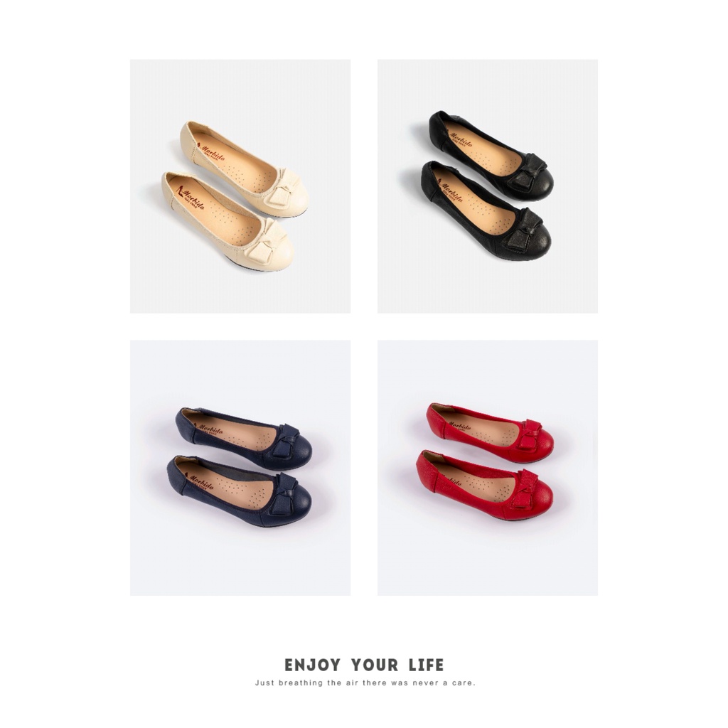 Giày Búp Bê Bệt Da Bò Thật Gắn Nơ 305 - Màu Kem