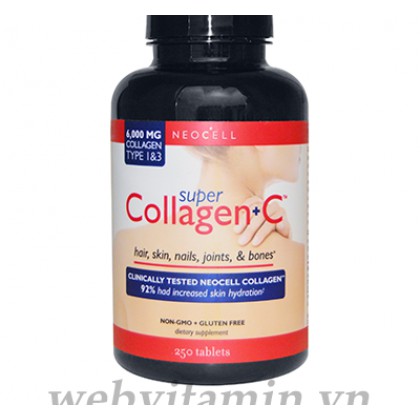 Super Collagen + C 6000mg collagen type 1&3, 250 viên chống lão hóa, giảm thiểu nếp nhăn