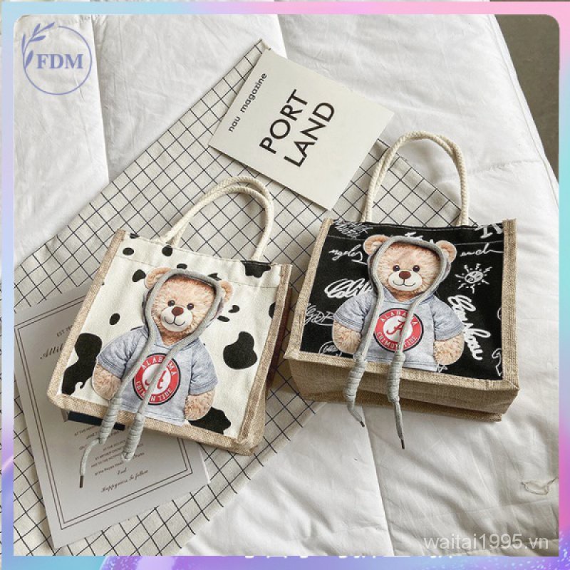 Túi xách tay bằng vải canvas in hình gấu dễ thương cho nữ