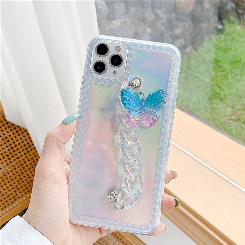 Ốp điện thoại mềm màu laser phối bươm bướm có dây đeo cho iPhone SE2 11 Pro MAX XS XR 7 8 Plus | BigBuy360 - bigbuy360.vn