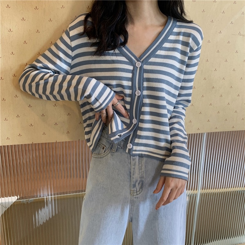 【ZHELIHANGFEI】Áo Cardigan Dệt Kim Tay Dài Dáng Rộng Lưng Cao Họa Tiết Kẻ Sọc Dễ Phối Đồ