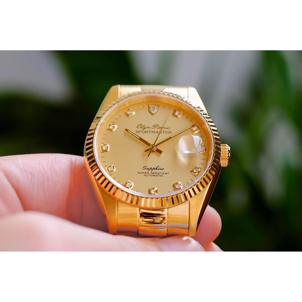 Đồng hồ nam dây kim loại mặt kính sapphire automatic Olym Pianus OP89322 OP89322AGK vàng