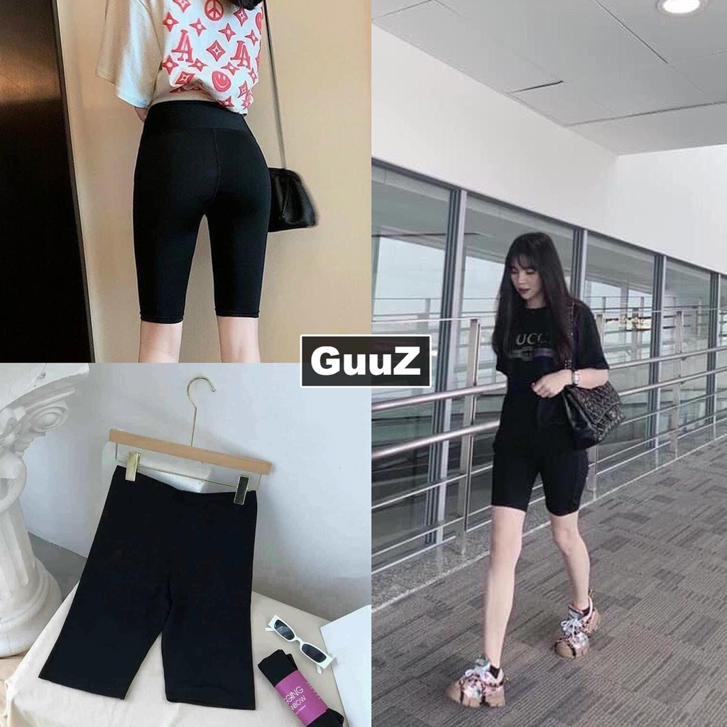 Quần lửng nữ ôm sát kiểu quần legging màu đen trơn vải co giãn tốt GUUZ